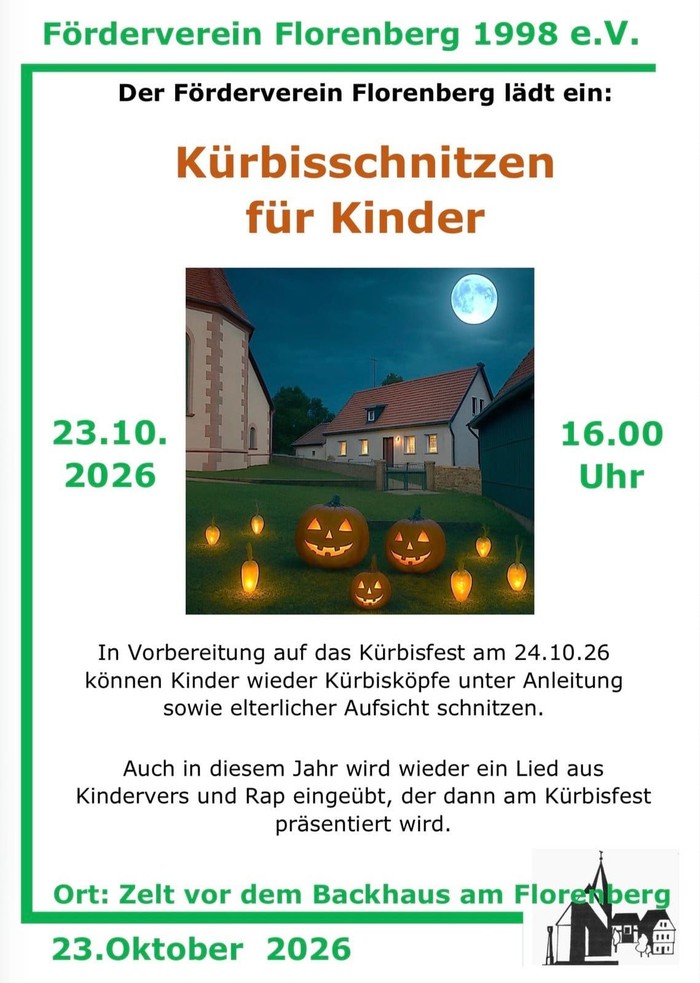 Kürbisschnitzen für Kinder 23.10.2026 16 Uhr am Florenberg
