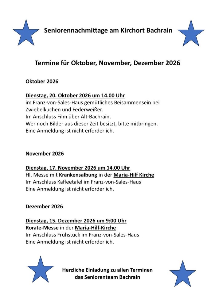 Alle Termine für Senioren in Bachrain