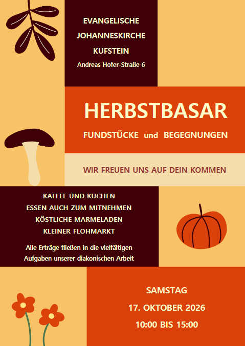 Herbstmarkt-Flyer mit Kaffee, Essen, hausgemachter Marmelade und Flohmarkt – inklusive Veranstaltungsdetails am 17. Oktober 2026.