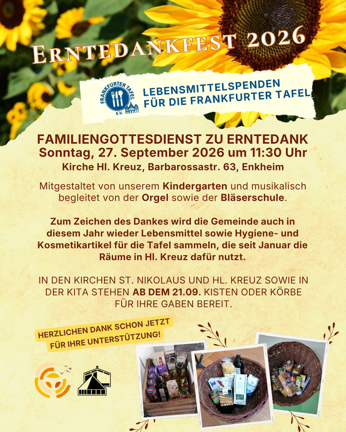 „Bekanntmachung zum Erntedankfest 2026 – Familiengottesdienst mit Lebensmittelspenden für die Frankfurter Tafel“