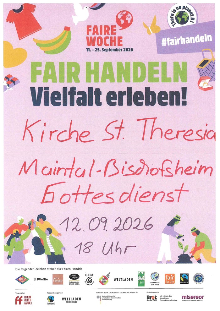 Fair Handel Plakat mit Kleidern und Obst Bilder