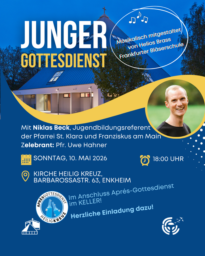 Einladung auf blauen Hintergrund und Text zu Junger Gottesdienst