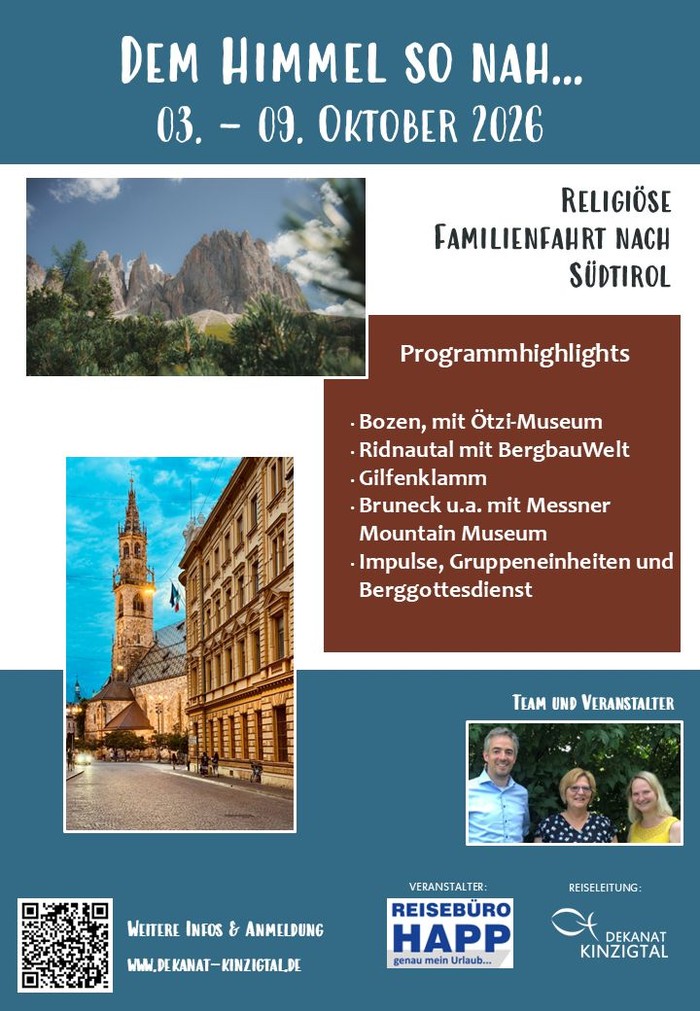 Werbeflyer für die religiöse Familienfahrt des Dekanats Kinzigtal nach Südtirol vom 3. bis 9. Oktober 2026.