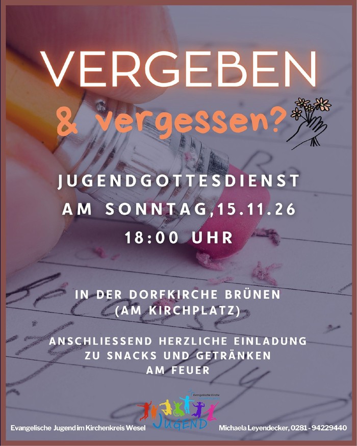 Plakat zur Einladung zum Jugendgottesdienst am 15.11.26 um 18:00 Uhr in der Dorfkirche Brünen
