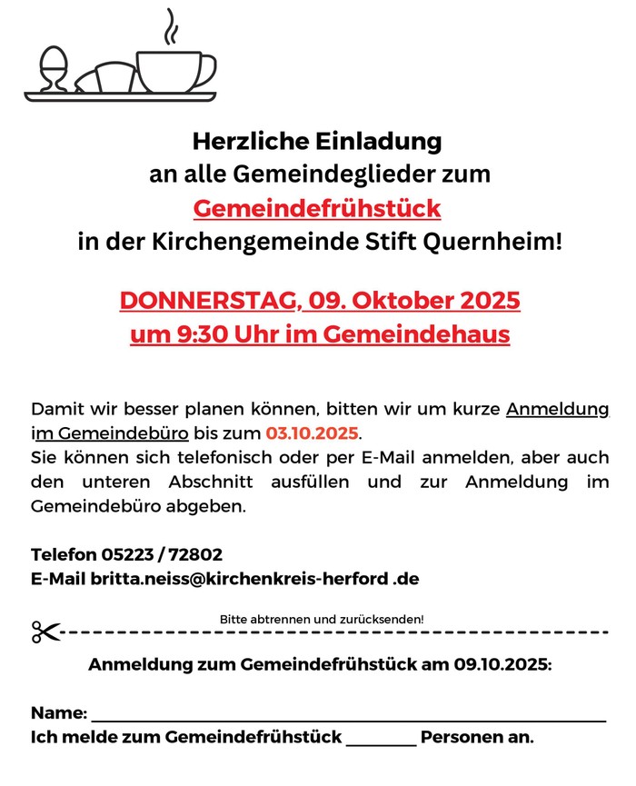 Einladung zum Gemeindefrühstück am 09.10.2025 im Gemeindehaus Stift Quernheim
