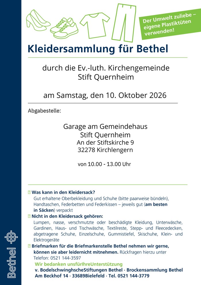 Plakat Kleidersammlung Bethel in der Garage am Gemeindehaus Stift Quernheim am 10.Oktober2026