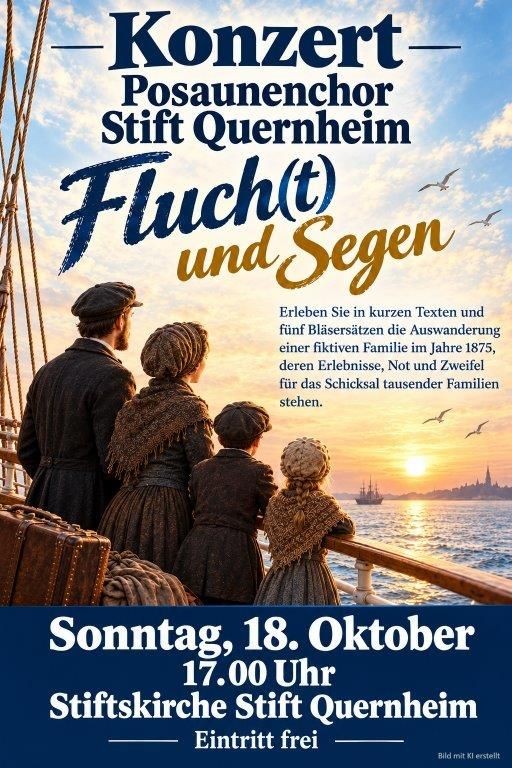 KI generiertes Plakat stellt eine auf die alte Heimat zurückblickende Familie an der Reling eines Schiffes dar. Einladung zum Konzert des Posaunenchores Stift Quernheim am 18.10.2026 zum Thema
