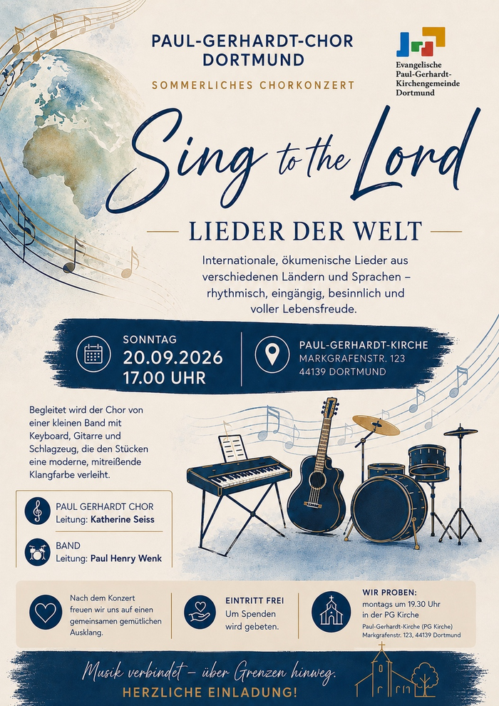 Konzert mit ökumenischen und internationalen Lieder am Sonntag, 20. September 2026 um 17 Uhr in der Paul-Gerhardt-Kirche