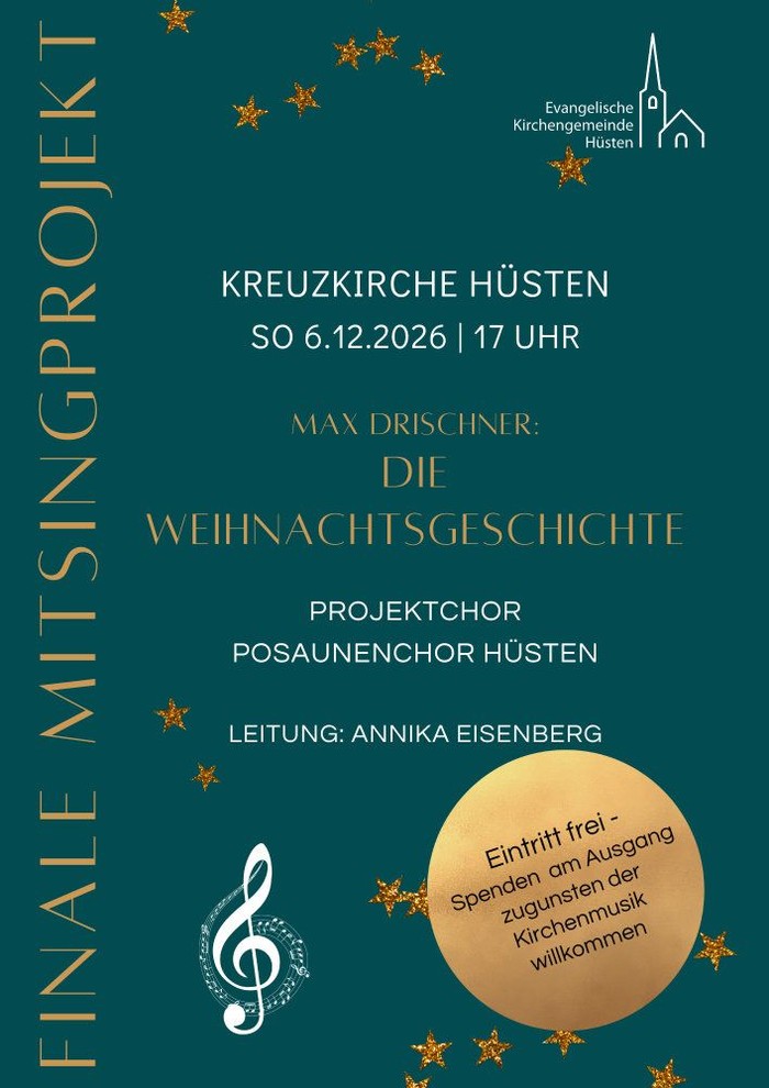 Plakat Musikalischer Advent (grüner Hintergrund, goldene und weiße Schrift, kleine goldene Sterne sind oben und unten zu sehen, sowie ein weißer Violinschlüssel im unteren Drittel)