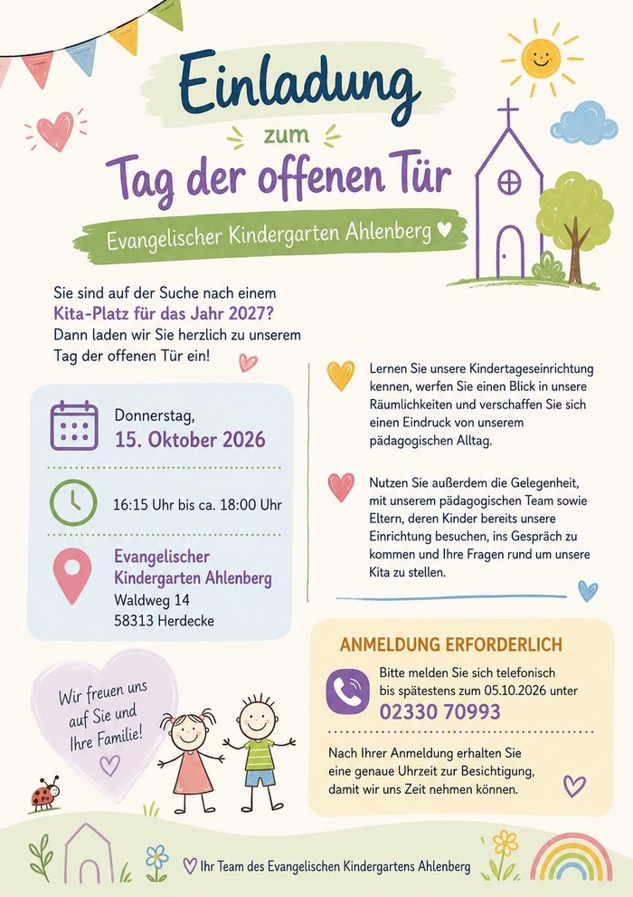 Plakat zur Einladung zum Tag der offenen Tür am 15. Oktober 2026 im Evangelischen Kindergarten Ahlenberg. Enthält Illustrationen von Kindern, einer Kirche und einer Sonne. Text: 'Wir freuen uns auf Sie und Ihre Familie!' sowie Anmeldeinformationen.