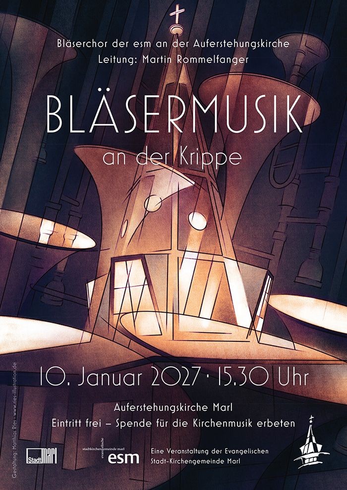 Das Plakat zeigt eine Kirche und informiert wie folgt: Bläserkonzert an der Krippe Sonntag, 10. Januar 2027, 15:30 Uhr in der Auferstehungskirche