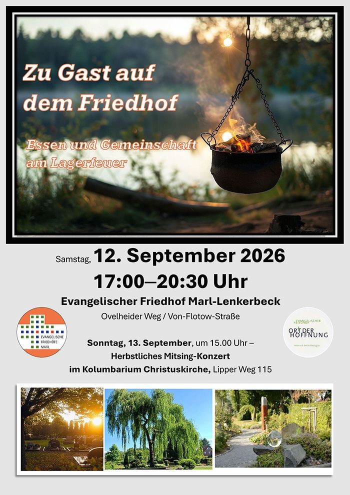 12. September 17.00 - 20.30 Uhr Zusammenkommen, kochen und essen am Lagerfeuer vor der Johanneskappelle! Gulasch, Feuerkartoffeln, Stockbrot, Marshmallows, alles vom Lagerfeuer! Wir laden alle ein zum gemütlichen Reden, miteinander Essen (ab 18.00 Uhr)