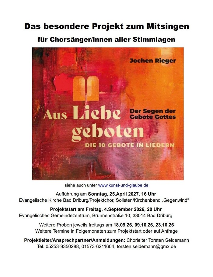 Das besondere Projekt zum Mitsingen Singen Sie mit! Für ein besonderes musikalisches Projekt sind Chorsängerinnen und Chorsänger aller Stimmlagen herzlich eingeladen, Teil eines Projektchores zu werden. Gemeinsam werden die musikalischen Werke erarbeite