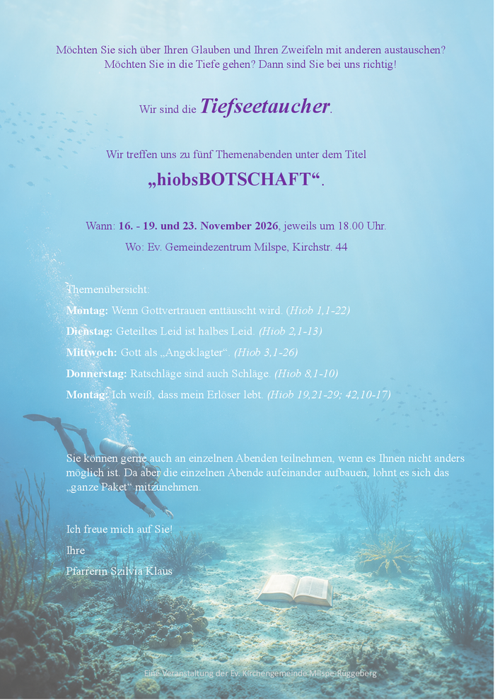 Ein Flyer für eine Bibelstudienveranstaltung mit dem Thema Tiefseetauchen mit dem Titel **