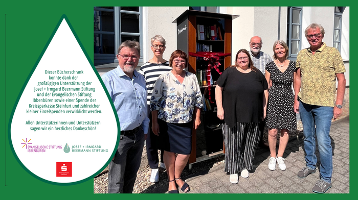 Vor dem Elsa-Brändström-Haus ein Gruppenfoto mit Pfarrer i. R. Reinhard Lohmeyer, Tanja Krömer, Caroline Brömmelkamp, Antje Rößler, Karl-Heinz Käsekamp sowie Margarethe und Ewald Beermann.