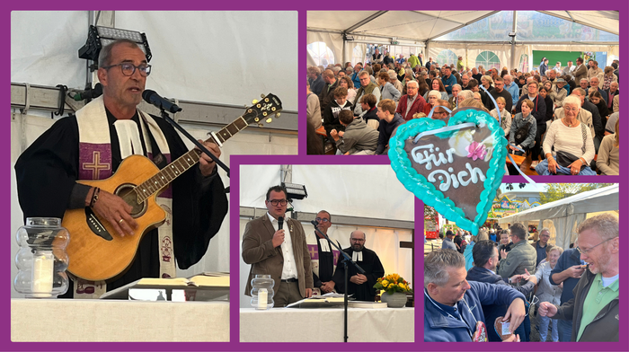 Hier seht man einige Eindrücke vom Gottesdienst, einen Pfarrer mit Gitarre, ein Lebkuchenherz, Besucher auf dem Festzelt.