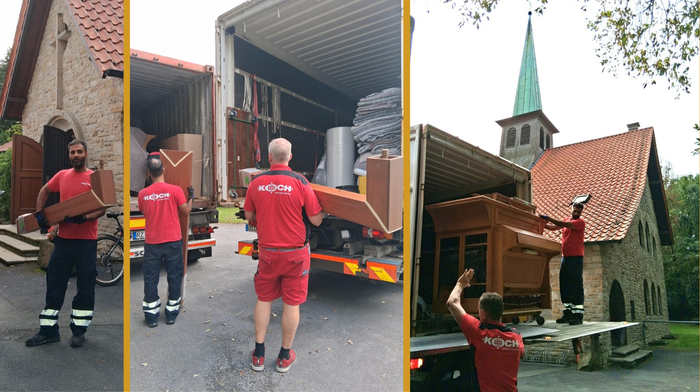 Hier sieht man die Packer beim Verladen der Orgelelemente.
