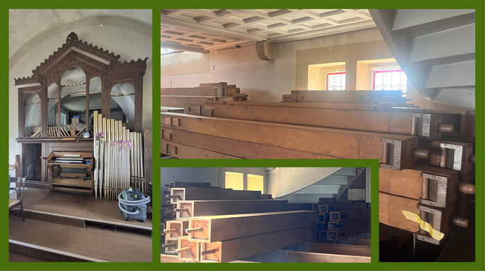 Man sieht die auseinandergebaute Orgel auf der Empore und die Pfeifen, die auf den Bänken in der Kirche liegen.