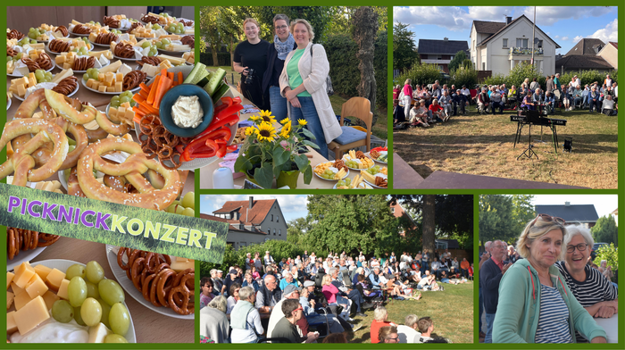 Eine Collage mit den Käsetellern und einem Eindruck der Besucher auf der Wiese.