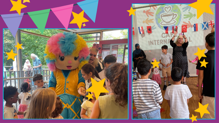 Der Clown Oksana im Kreise mit Kindern.