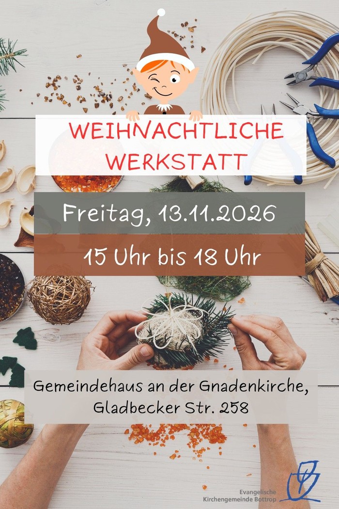 Weihnachtsbastelworkshop-Ankündigung mit Händen, die einen Kranz schmücken, und festlichen Weihnachtsdekorationen drumherum.