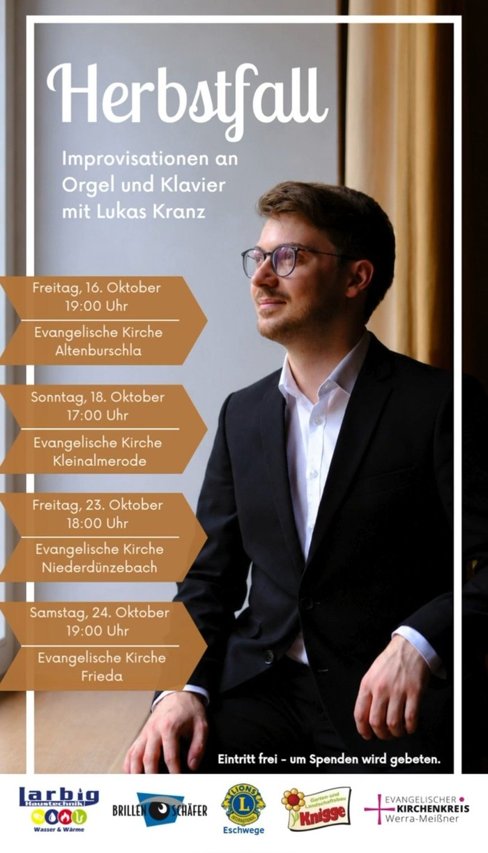 Auf dem Plakat ist auf der rechten Seite der Organist Lukas Kranz zu sehen. Auf der linken Seite sind die Termine der Orgelkonzerte.