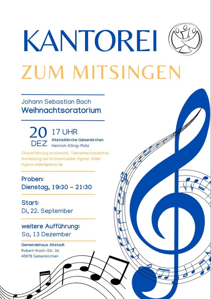 Einladung ab dem 22. September in der Kantorei mitzusingen, als Projekt in dem das Weihnachtsoratorium einstudiert wird.