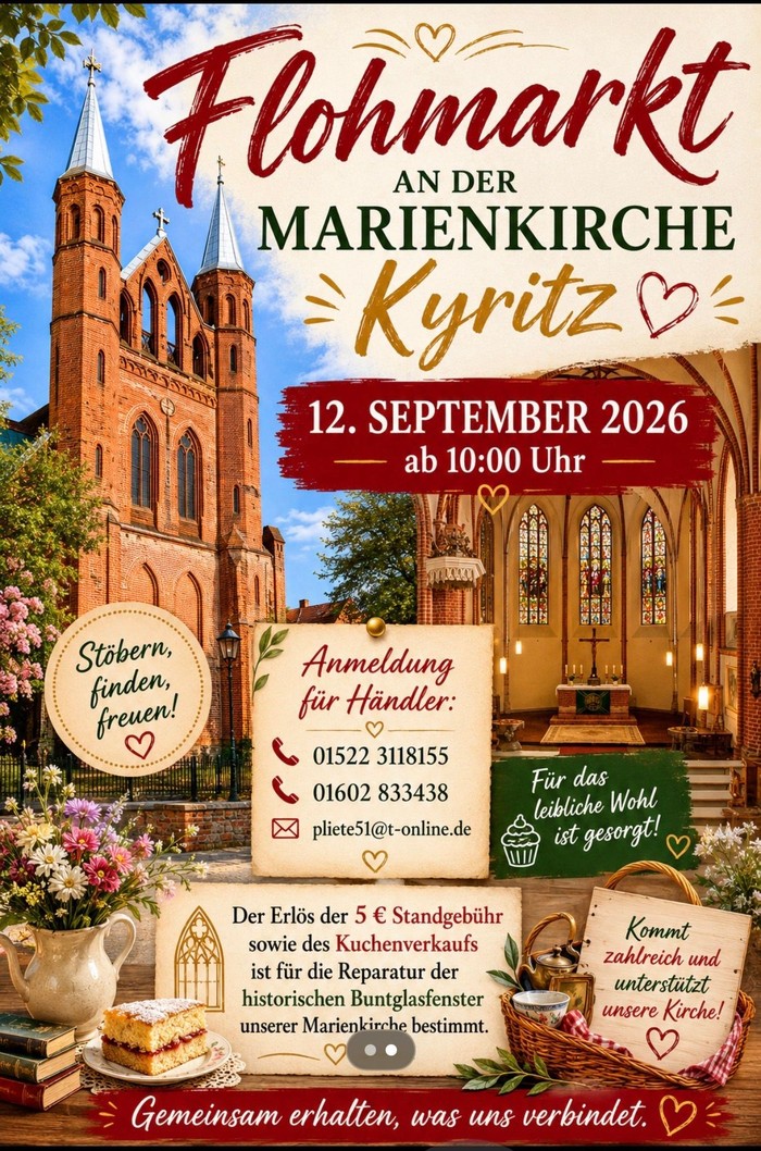 Flohmarkt-Plakat für die Veranstaltung an der Kyritzer Marienkirche am 12. September 2026 mit Informationen zur Kirchen- und Händleranmeldung.