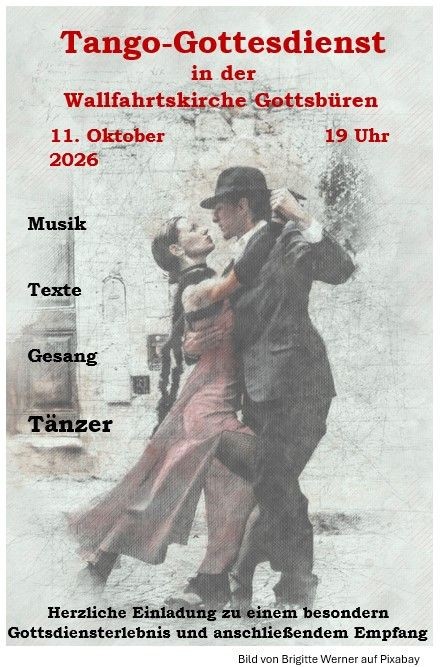 Flyer zum Tango-Gottesdienst am 11. Oktober 2026 um 19 Uhr in der Wallfahrtskirche Gottsbüren. Im Zentrum tanzt ein Paar Tango, umgeben von einer hellen, künstlerisch gestalteten Darstellung. Musik, Texte, Gesang und Tanz gestalten den Gottesdienst mit an