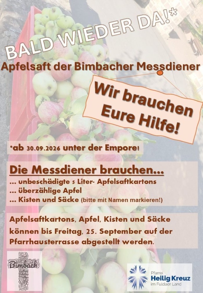 Aufruf Apfelsaft Messdiener Bimbach 2026