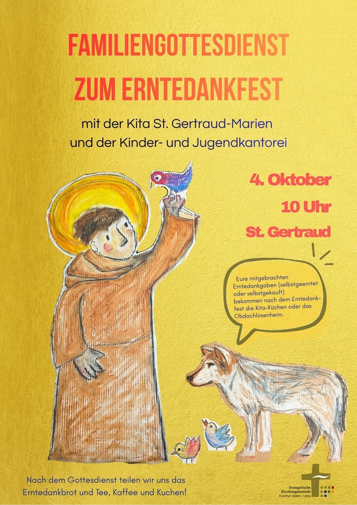 Einladungsplakat mit der Figur eines Mönchs, dem heiligen Franziskus, sowie mehreren Tieren.