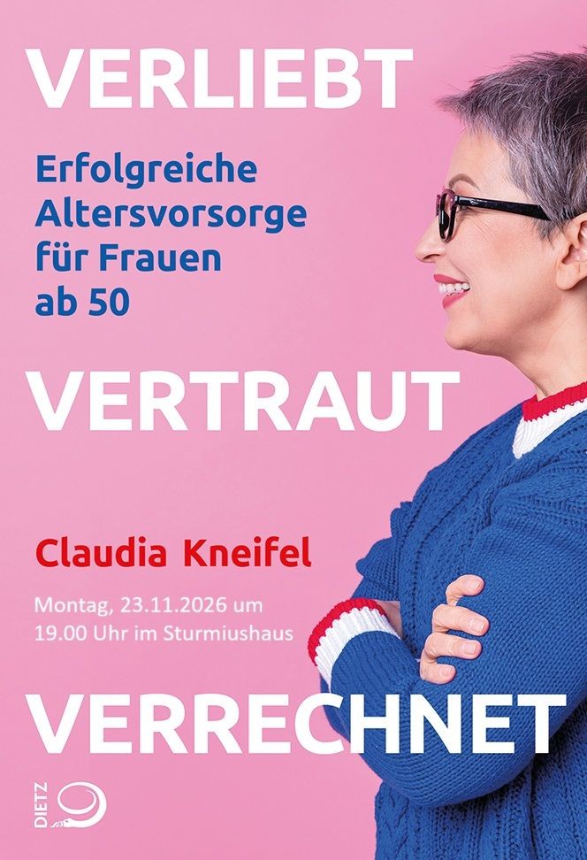 Plakat zur Ankündigung eines Vortrags von Claudia Kneifel über erfolgreiche Altersvorsorge für Frauen ab 50, geplant am 23. November 2026.