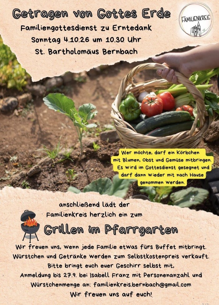 Familien-Erntedankfest in der Kirche mit Einladung zum Grillfest nach dem Gottesdienst in einem Gartenambiente.