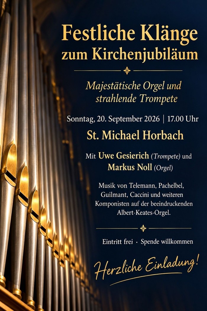 Festliches Kirchenfest-Plakat mit Orgel- und Trompetenmusik am 20. September 2026 in St. Michael Horbach.