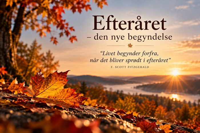 sol i baggrunden, der er på vej op over bjergene og i forgrunden ses et træ i venstre side, med røde og orange blade, samt blade liggende på jorden. Teksten på billedet er: Efteråret- den nye begyndelse
