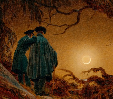 Gemälde: Zwei Männer betrachten den Mond. Einer stützt sich beim anderen auf die Schulter.