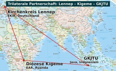 Die Karte zeigt die Verbindung der drei Partner im Rahmen der trilateralen Partnerschaft des Kirchenkreises Lennep, der Diözese Kigeme in Ruanda und der GKJTU in Indonesien als Fluglinienkarte.