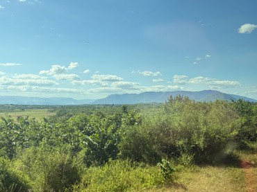 Weite grüne Landschaft mit dichter Vegetation vor einer langgezogenen Bergkette unter blauem Himmel mit einzelnen weißen Wolken.