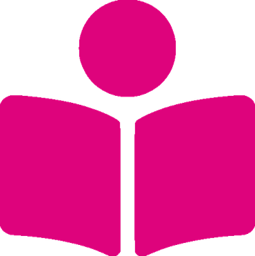 Weiterlesen Icon - Eine Kugel als stilisierter Kopf und zwei aufgeklappte Buchdeckel darunter