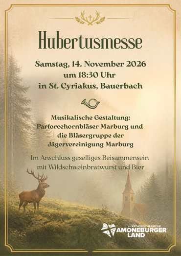 Einladungsplakat zur Hubertus-Messe mit musikalischen Darbietungen und geselligem Beisammensein bei Wildschweinbratwurst und Bier.