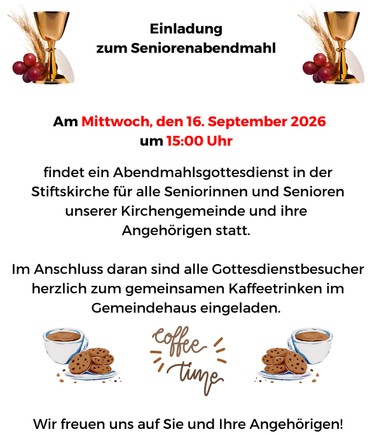 Plakat Einladung Seniorenabendmal 20.09.26 Bilder mit Abendmahlskelch und Kaffentasse und Keksen als Hinweis auf Abendmahl und anschließendes Kaffetrinken
