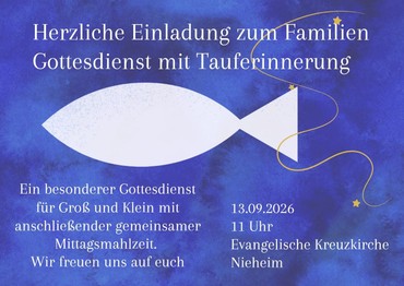 Fisch auf blauen Hintergrund mit Einladung zum Familiengottesdienst mit Tauferinnerung