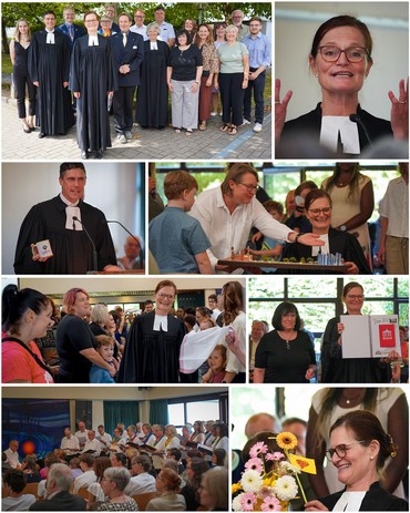 Eine Fotocollage zeigt Szenen eines Abschiedsgottesdienstes mit Pfarrerinnen und Pfarrern, Gemeindemitgliedern, Chor, Geschenken und Blumen.