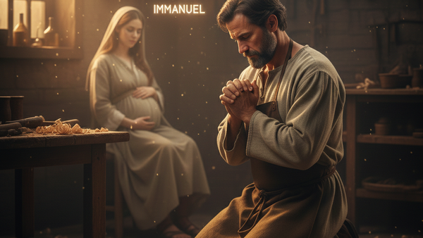 Eine schwangere Maria und Josef knien im Gebet, erleuchtet von göttlichem Licht, was die Geburt Jesu als Immanuel symbolisiert.