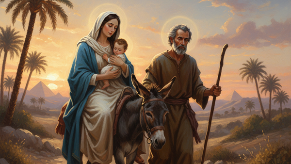 Eine friedvolle Darstellung der Heiligen Familie auf ihrer Reise durch eine Wüstenlandschaft mit einem Esel und Palmen bei Dämmerung.