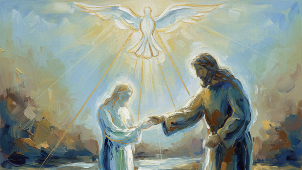 Eine göttliche Taufszene zeigt Jesus, wie er von Johannes im Jordan getauft wird, mit einer strahlenden Taube darüber.