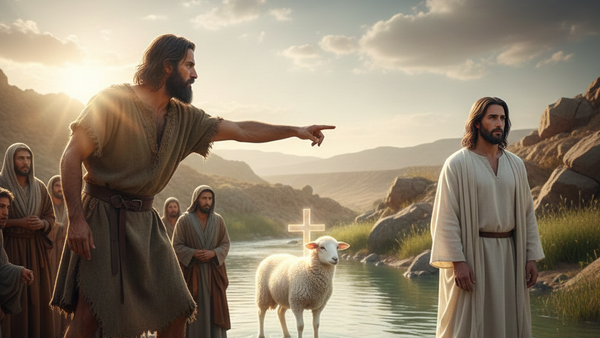 Eine biblische Szene, in der Jesus auf ein Schaf am Fluss zeigt, umgeben von Jüngern in antiker Kleidung.