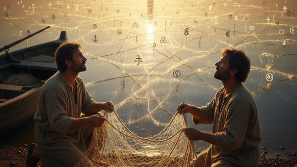Zwei Fischer betrachten eine mystische, leuchtende Gestalt auf dem Wasser, umgeben von symbolischer Währung und Netzwerkstrukturen bei Sonnenuntergang.