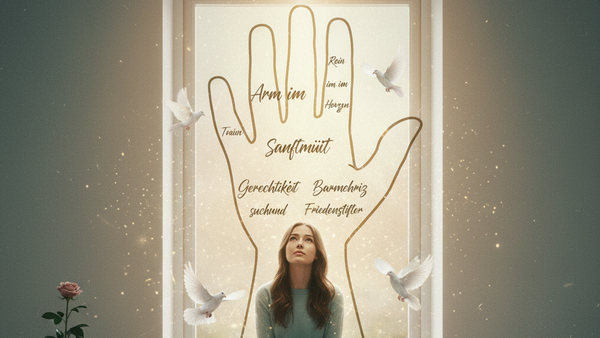 Eine nachdenkliche Frau sitzt auf einer Bank unter einem Handabdruck-Plakat mit aufmunternden deutschen Tugenden, umgeben von sanftem Licht und Tauben.