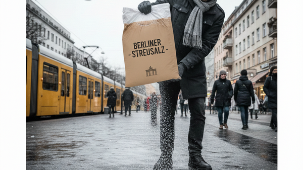 Eine Person streut Salz aus einem Sack mit der Aufschrift 
